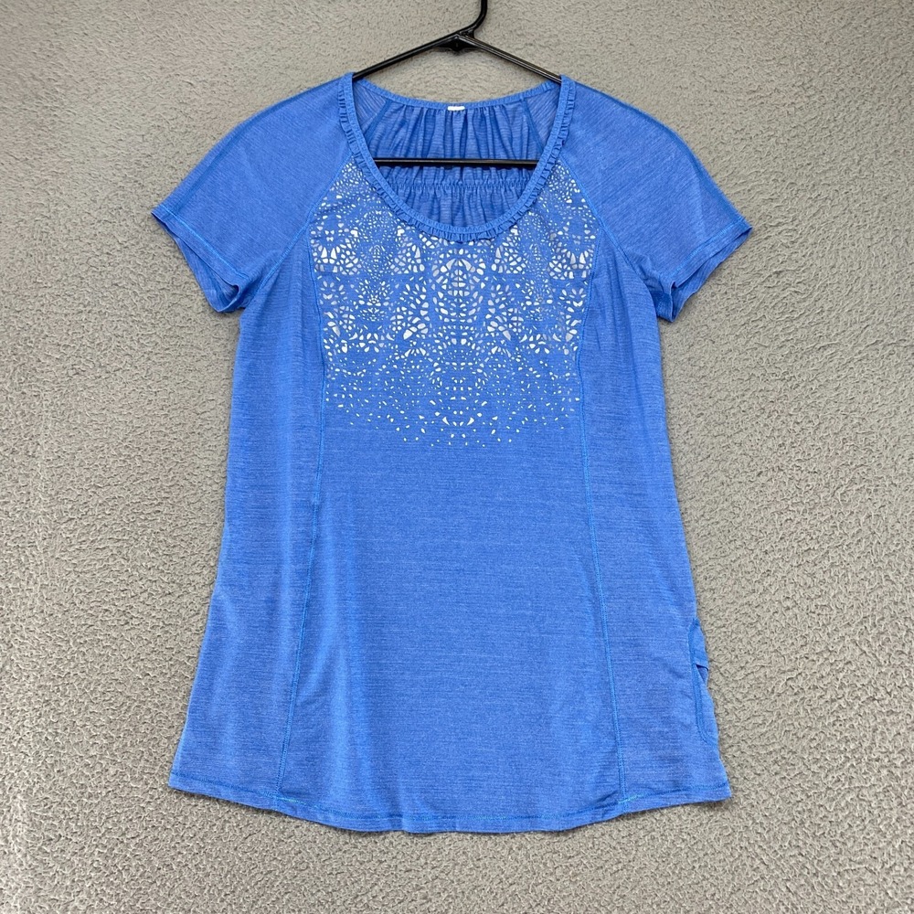 Lululemon Top Womens 6 Run Wild Ruffle Short Sleeve Mosaic Blue Athletic Running